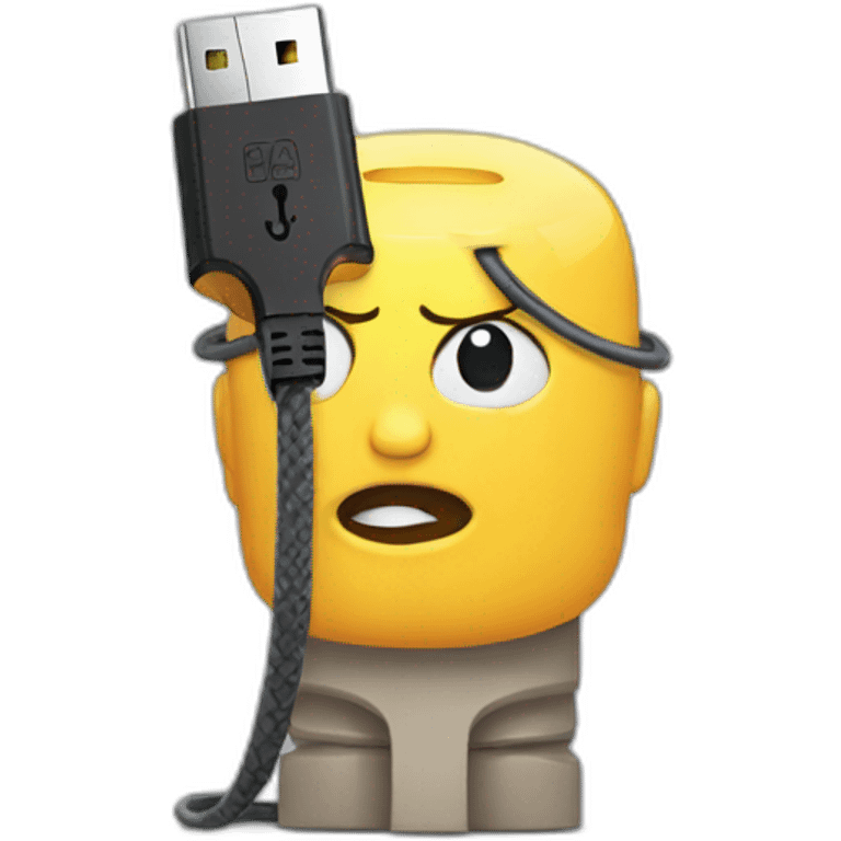 Man holding broken USB cable. Unhappy emoji