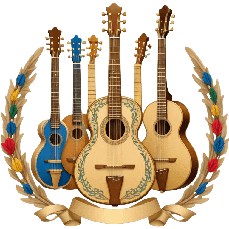 Create a complex, ceremonial, and professional emoji resembling a coat of arms, symbolizing plucked string instruments. The design should feature a combination of elements such as the necks and fretboards of various plucked string instruments like guitars, harps, and mandolins. The strings should be clearly visible, and the frets should be detailed. Intertwining with the instruments, there should be a flowing ribbon of musical notes, curving elegantly around the instruments and connecting them. The colors should include golden metallic tones, warm wood finishes, and silver accents to emphasize the professional and festive nature of the design. The background should be regal, using subtle textures or patterns to give a sense of grandeur, while keeping the instruments and notes as the focal point. The design should evoke a sense of celebration and sophistication, reflecting the rich tradition of plucked string instruments. emoji