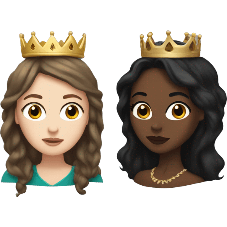 White woman with long brown hair and black woman with long black hair wearing crowns emoji