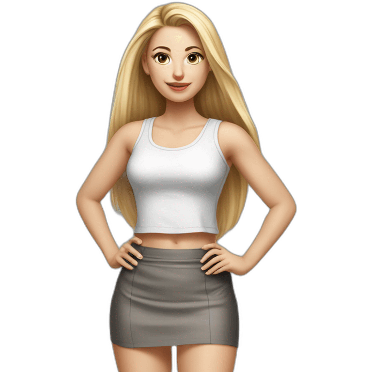 caucasian woman, with long straight hair, blonde hair, brown eyes, white tank top, gray tight mini skirt, black shoes, full body, hyperrealist drawing emoji