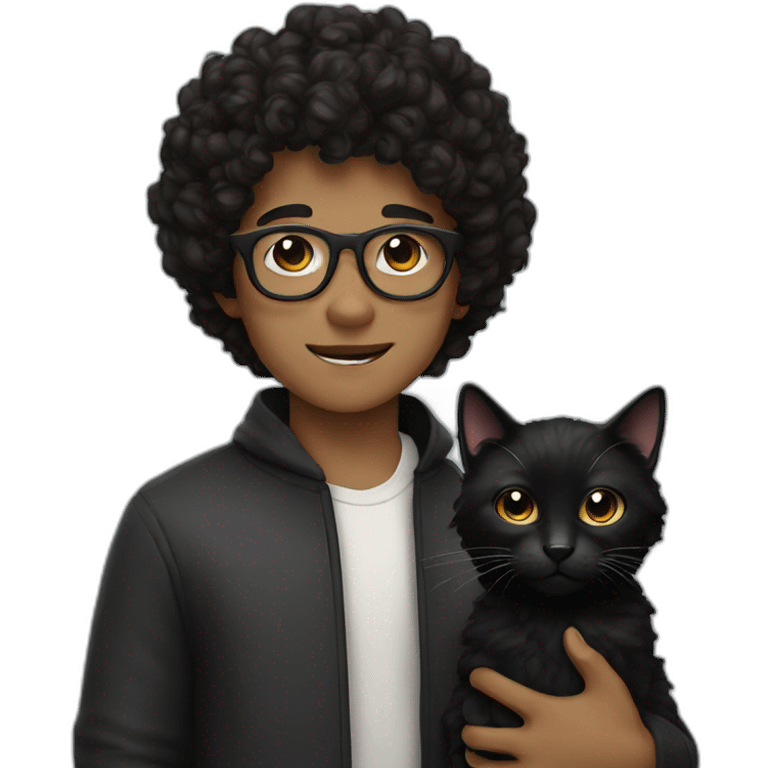 a boy with dark curly hair and white glasses with a black cat emoji