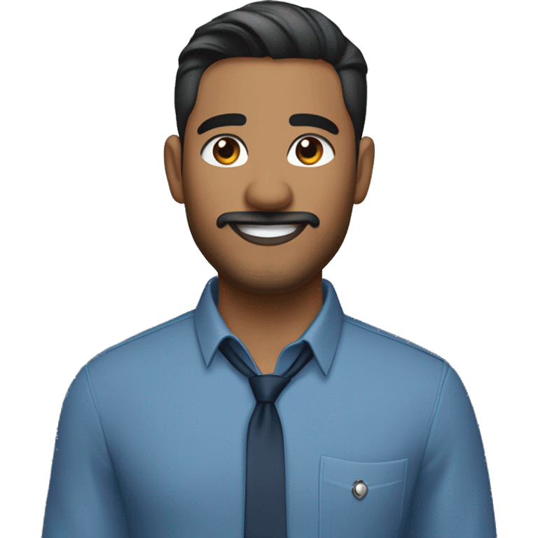 navajo  emoji of a man with short dark hair, clean-shaven, goatee and mustache.  wearing a formal button-up DARK blue shirt,  smiling  with a smartwatch on his wrist. and wearing small silver chain necklace  resemble professional attire. smaller eyes  emoji