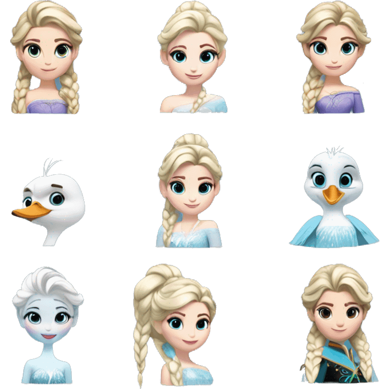 un pato con cuerpo azul, cabeza blanca y trenza con cabello blanco como Elsa de frozen emoji