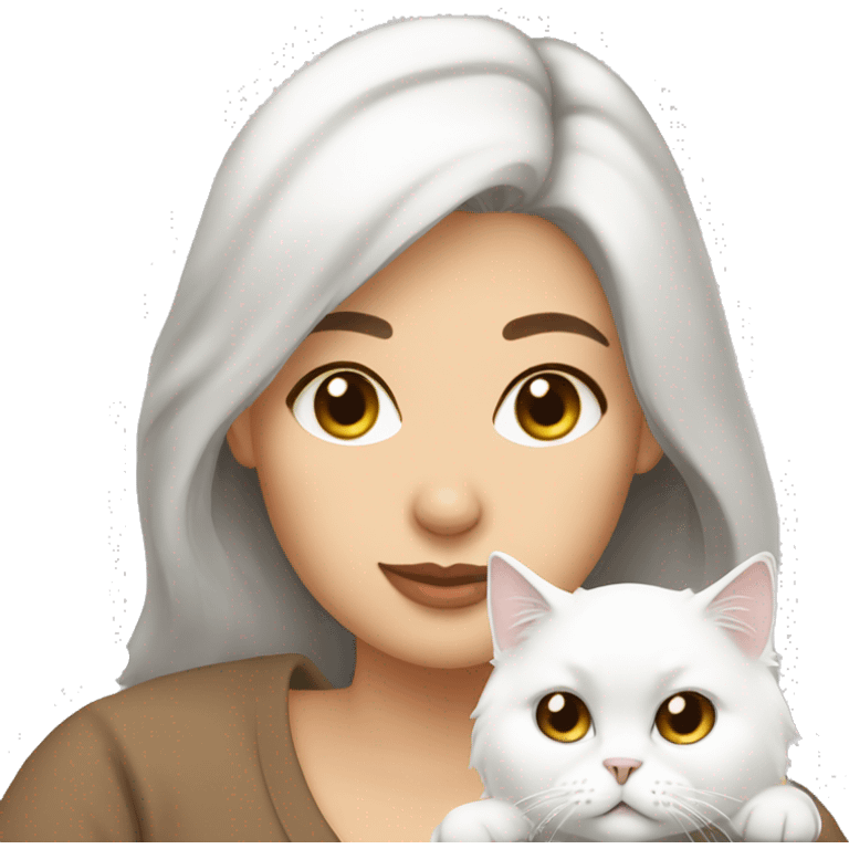 Brunette woman snuggling white Persian cat emoji