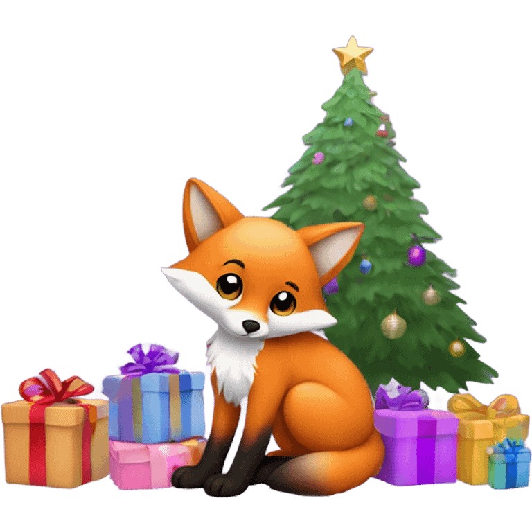 Baby fox sitting next to purple Christmas tree with presents  emoji