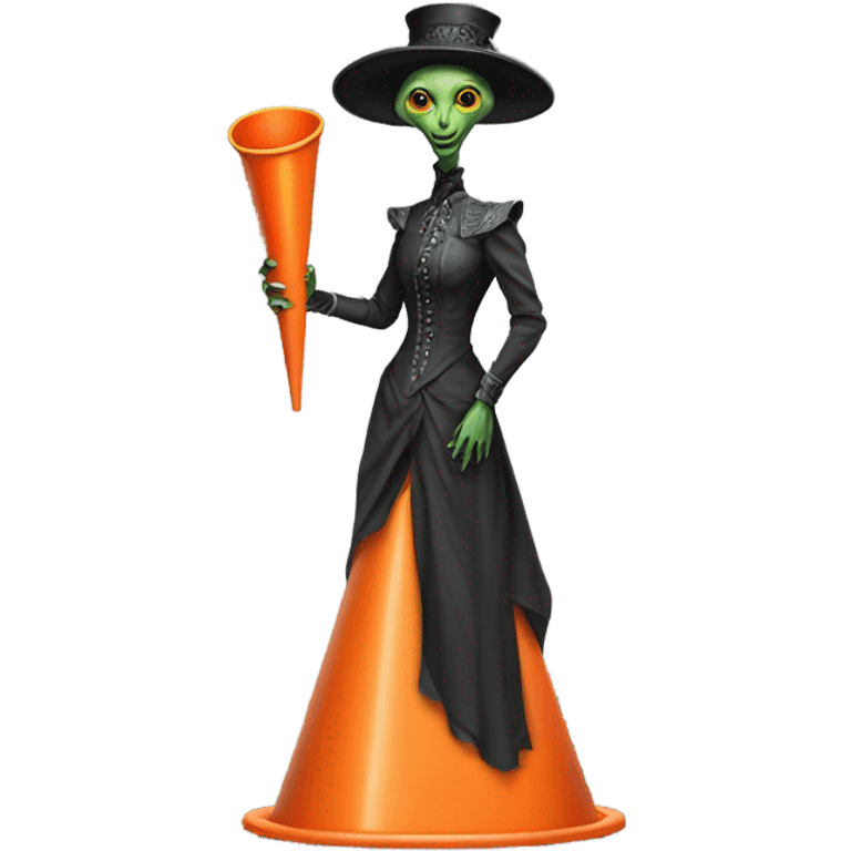 alien galora in Victorian dress elegant, full body, holding big traffic cone emoji