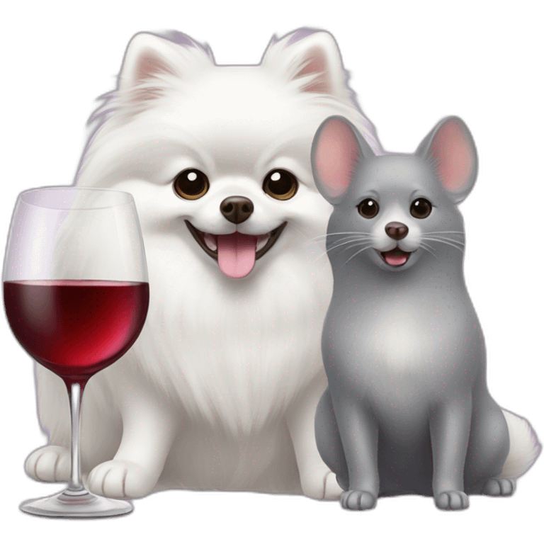 a white pomeranian and a gray mouse drink wine emoji