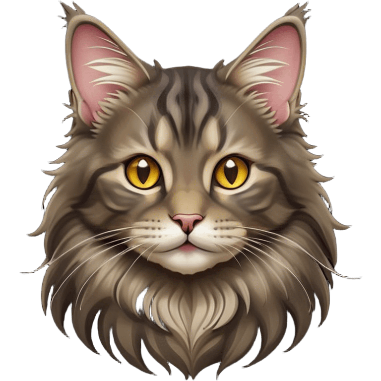 Cinematic Cute Maine Coon Cat Portrait Emoji, Head tilted playfully and inquisitively, sleek black tones, Simplified yet adorable features, highly detailed, glowing with a warm, friendly glow, high shine, curious and affectionate, stylized with a touch of whimsy, bright and alert, soft glowing outline, capturing the essence of a mischievous yet loving kitten, so endearing it feels like it could pounce out of the screen and play with its fluffy tail swishing! emoji