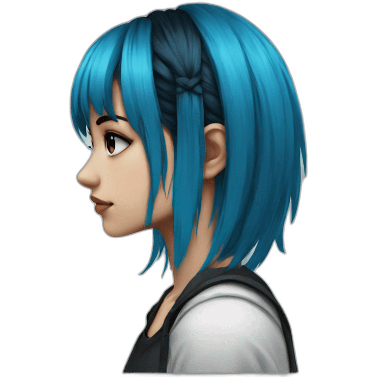 Side profile sad emo girl, black makeup, long choppy blue hair side bangs emoji