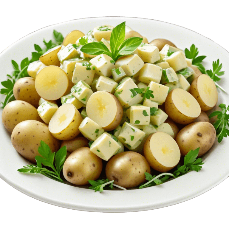 Cinematic Realistic Kartoffelsalat Dish Emoji, showcasing a traditional potato salad with fresh herbs and tangy dressing rendered with lifelike detail and vibrant, natural lighting. emoji