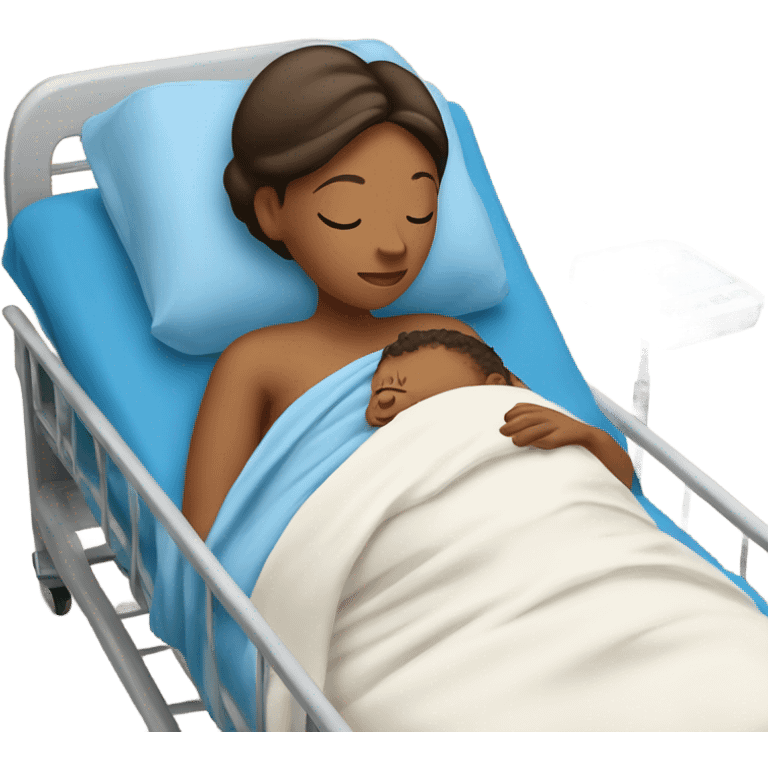 A pregnant woman resting on a hospital bed, holding her newborn baby wrapped snugly in a blue swaddle blanket.






 emoji