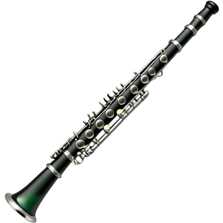 Create an elegant and refined emoji representing A clarinet. The design should showcase the sleek, black wood finish of the clarinet with its shiny metal keys and elegant detailing. Include the distinct, high-quality features of the Green Line model, such as the unique greenish tint of the wood, giving it a modern and sophisticated look. Add subtle elements like the mouthpiece with the reed, emphasizing its importance in sound production. Use dark tones like ebony, silver for the keys, and soft light reflections to evoke a professional, classical feel. The background should be transparent. emoji