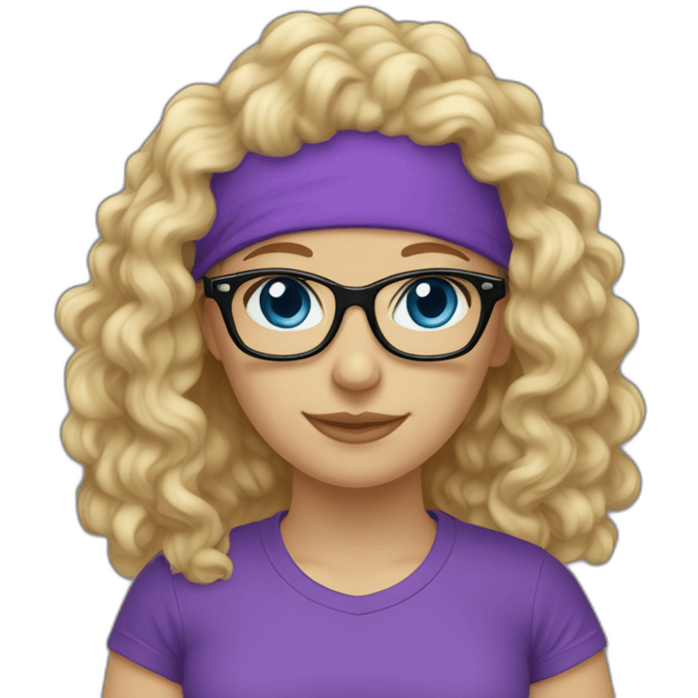 caucasian curly blonde long haired blue eyes woman purple t-shirt black glasses emoji