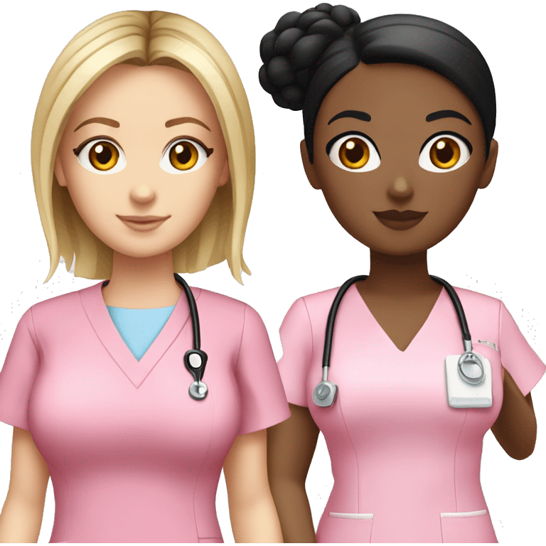 Nurse ,white girl, black hair in a bun,pink scrubs ,Louis Vuitton bag  emoji