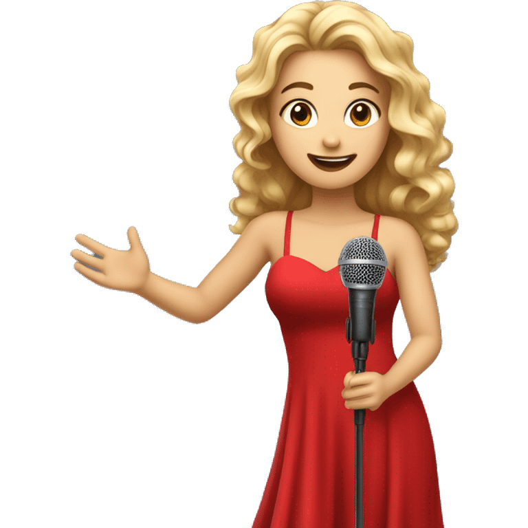 beautiful light girl in a long red dress sings holding microphone in a hand  emoji