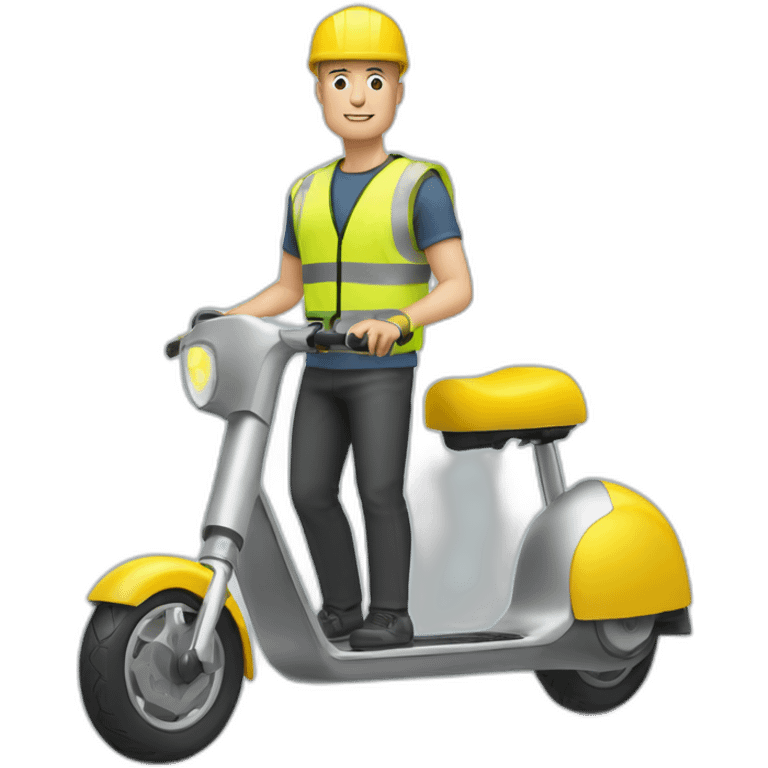 a bald white man with a yellow safety vest with a yellow bicycle helmet on a xiaomi e-scooter emoji