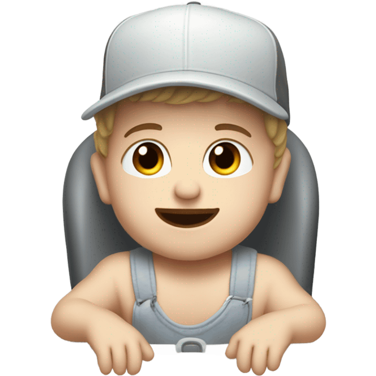 Young white man in unlabeled baseball hat rocking a white infant baby in puffy grey rocker  emoji