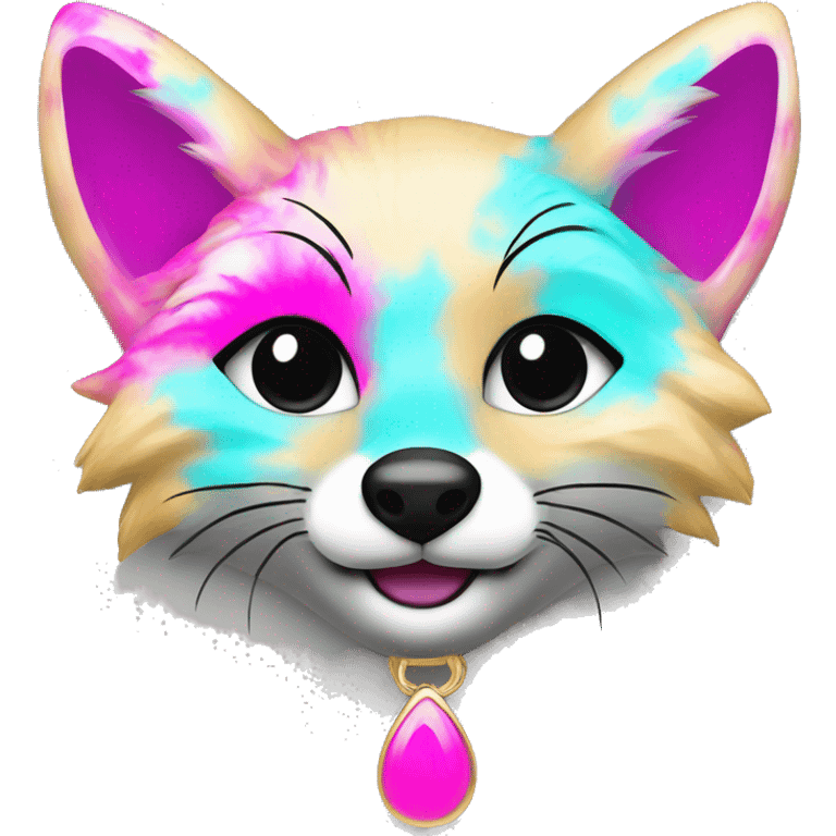 Tie dye beige gray fox in pink cyan magenta black gold jewellery emoji