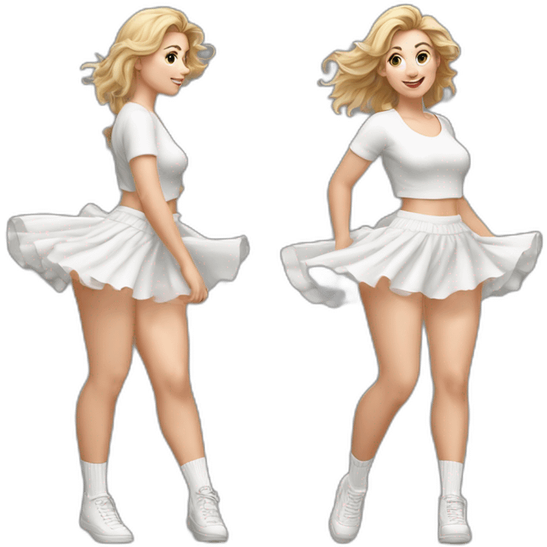 Hyperrealistic Full body Caucasian curvy beauty jumping short white skirt back and front views strong wind knickers long white socks emoji