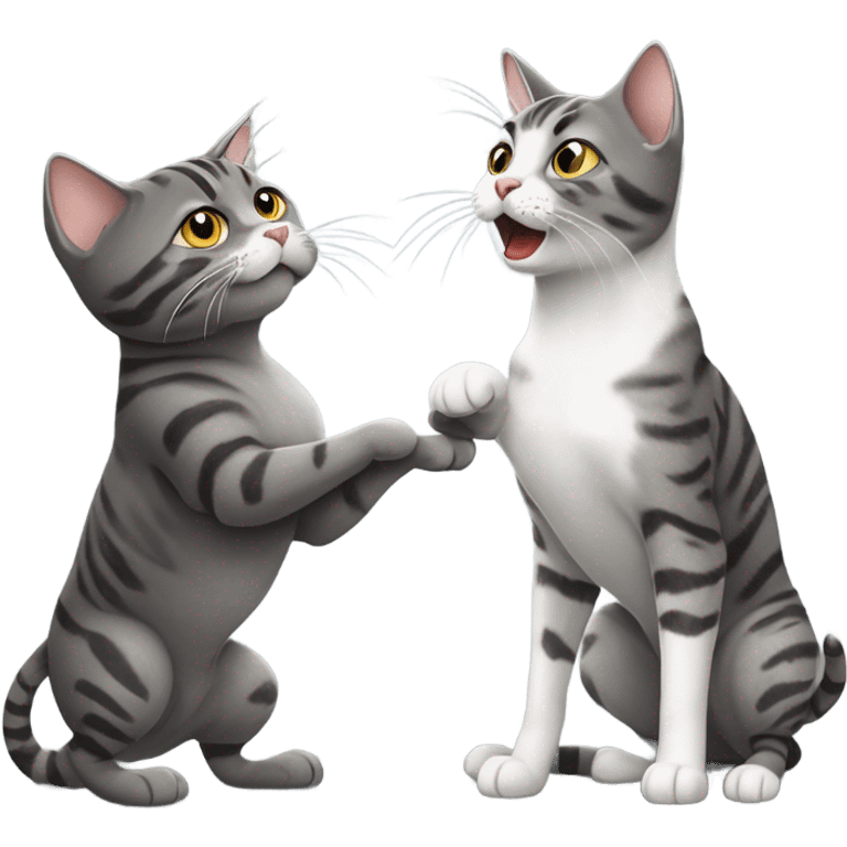 two gray tabby cats fighting with a black and white dog emoji