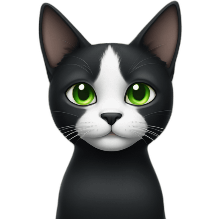 A black cat with green eyes with a white mustache, a white stripe on its nose, a full-length white breast and white paws emoji