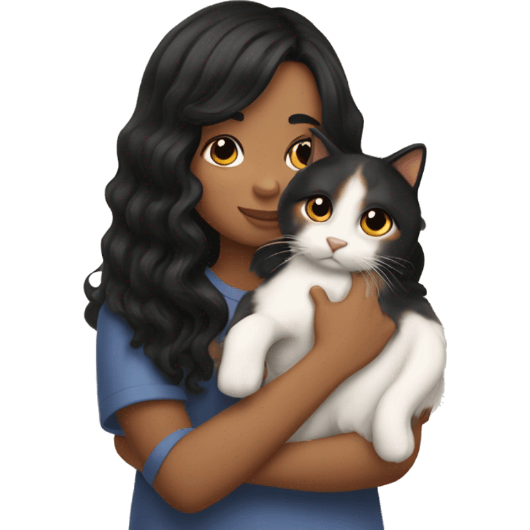 TAN SKIN GIRL with long black wavy hair and bangs HUGGING HER CALICO CAT  emoji