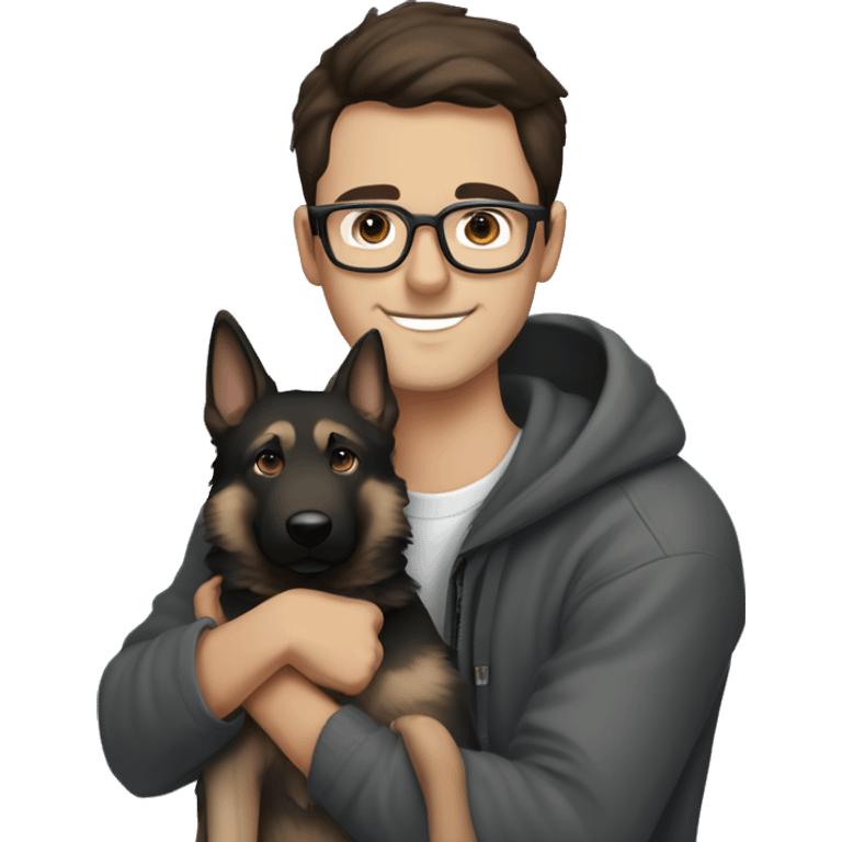 a handsome guy (dark brown hair, with light  blue colour eyes, thin stylish black glasses with hoodie) hugging a grey colour german shepherd with brown eyes) emoji