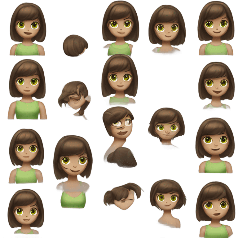 A girl with short, straight brown hair, along with bangs, and green eyes emoji