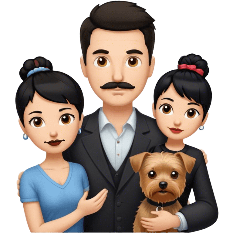 Tall white man with dark hair mustache goatee, and short woman with black hair bun, and a yorkshire terrier dog emoji