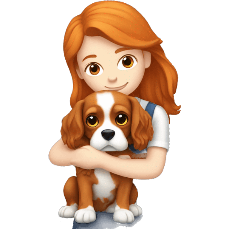 Ginger hair girl hugging a Cavalier King Charles Spaniel dog emoji