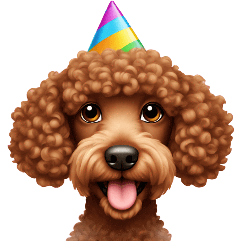 Brown curly hair poodle with a birthday hat emoji