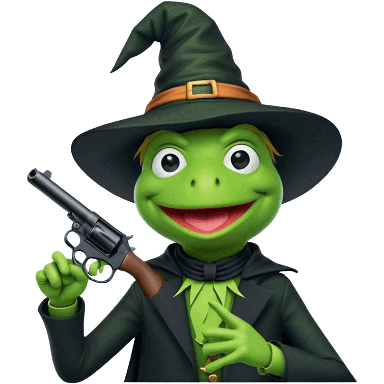 Kermit the frog wearing a witch hat pointing a gun at himself emoji