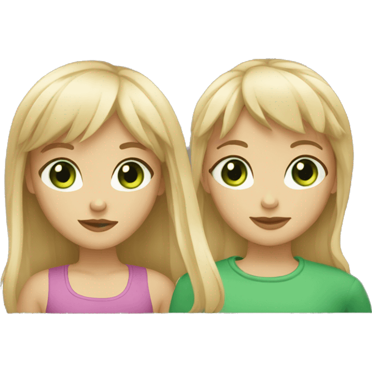 Two best friends, both with bangs, one blonde with blue eyes and the other brown hair with green eyes emoji