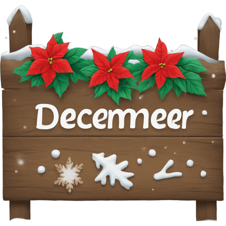 Wood sign with inscription december and poinsettia with snow on sign  emoji