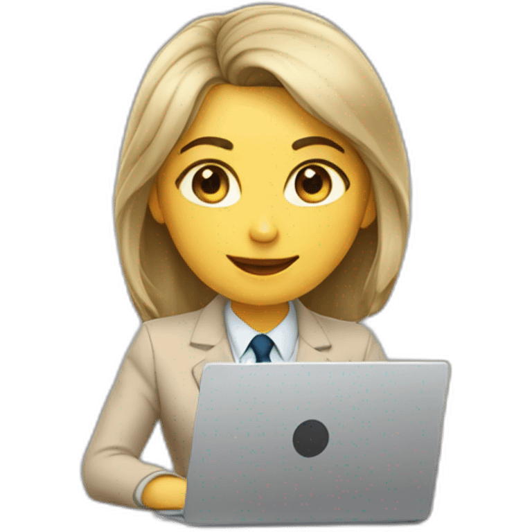 The girl is sitting at a laptop, she has gray eyes, shoulder-length hair, dressed in a beige business suit emoji