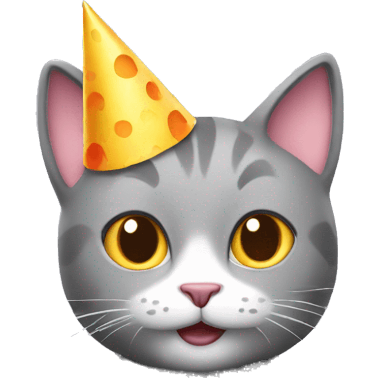 grey cat holding a cake wearing a party hat emoji