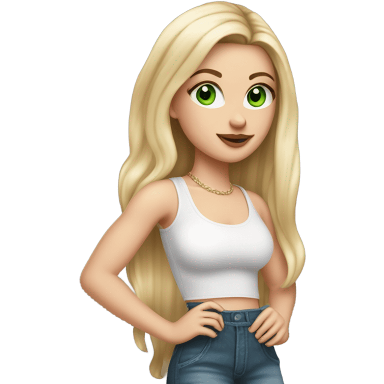 Realistic White girl with Long straight blonde hair, green eyes, tattoos, full body wearing white crop top, holding pink iphone emoji