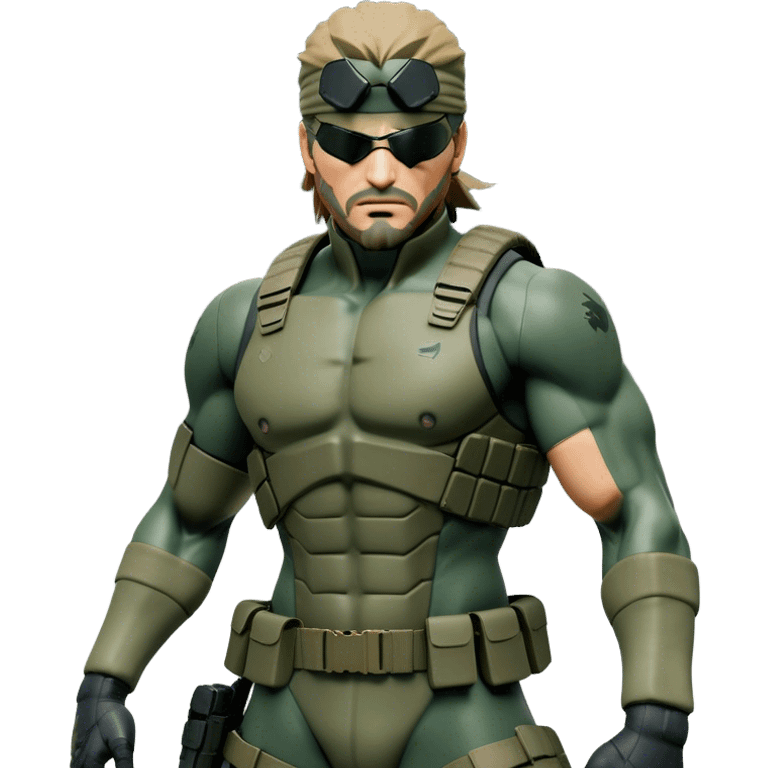 Cinematic Realistic Metal Gear Solid Snake Soldier Portrait, captured in a dynamic, battle-ready stance, muscles defined beneath intricately detailed combat gear in consistent muted greens, browns, and blacks. His determined eyes and rugged features, rendered with dramatic natural lighting and high shine, exude raw, unyielding power, epitomizing the fierce, relentless spirit of a covert operative in the midst of action. emoji