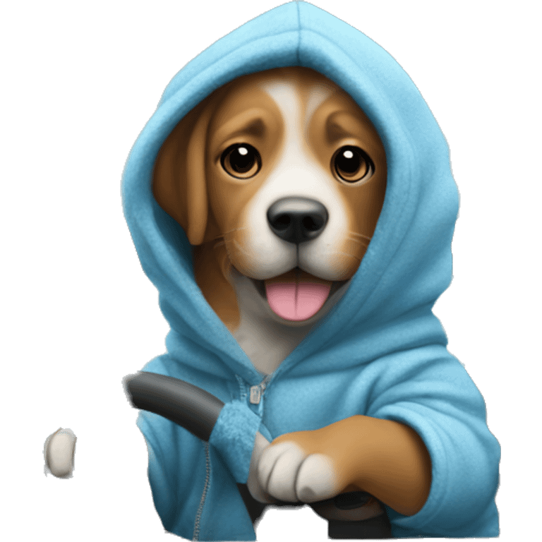 Dog wearing a hoodie driving a ca while having blue fur emoji