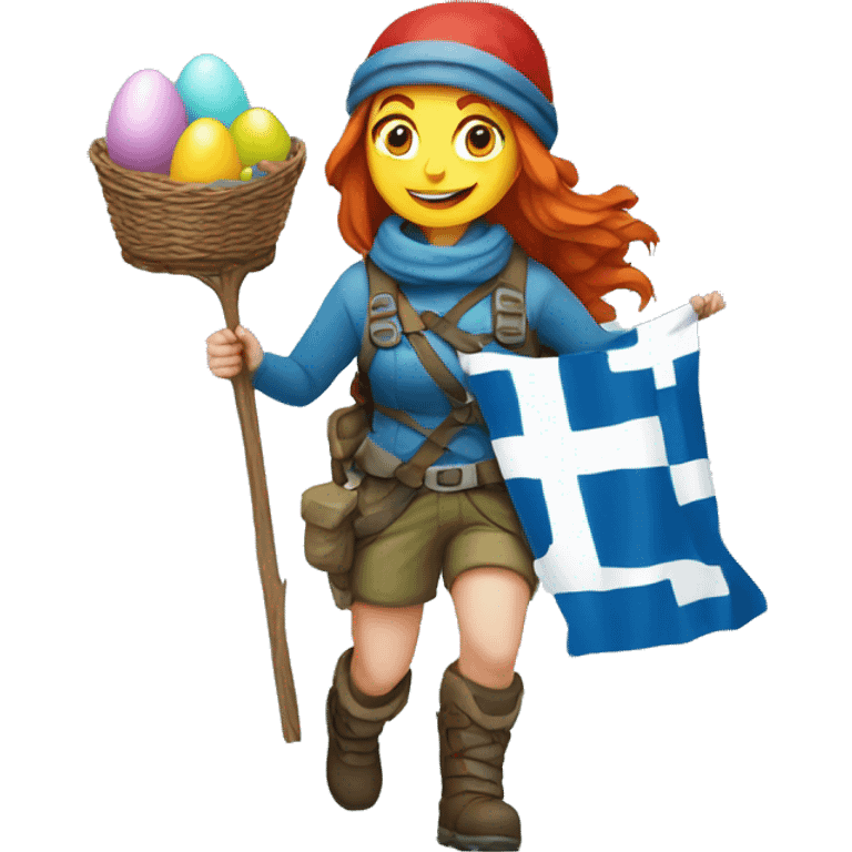 Female winter mountaineer red hair climbing with Greek flag and holding Easter eggs basket emoji