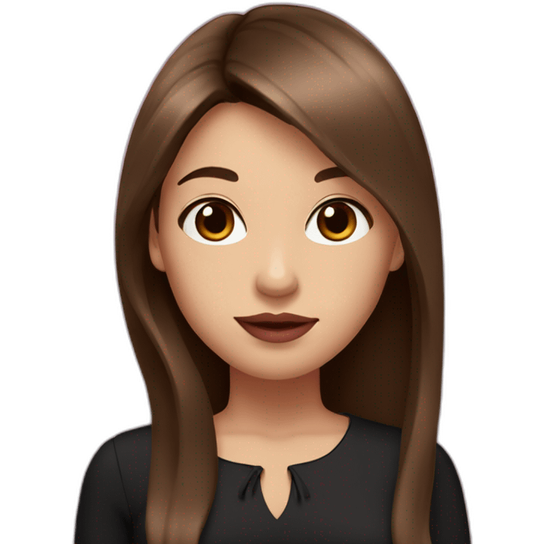 A girl with brown eyes, long straight brown hair, plump pink lips in a black dress emoji