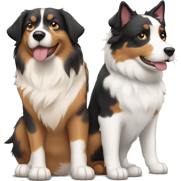 Two animals, a Fat calico cat with a black and tan Australian Shepard dog emoji