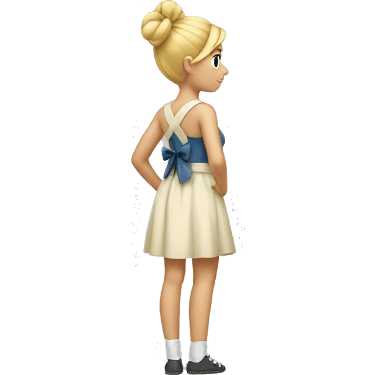 blonde girl standing backwards with a bow on her head emoji