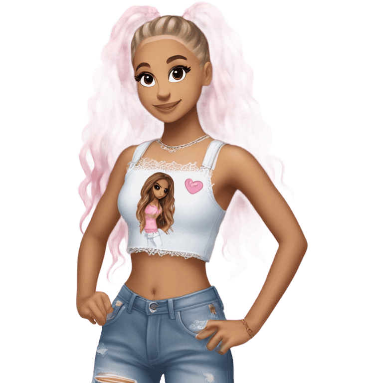 Ariana grande wearing a Shakira lace up croc top and short jeans and pink highlights  emoji