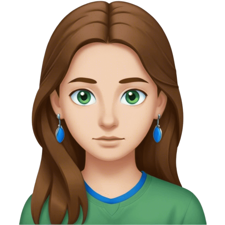 italian student with long brown hair, blue eyes, green shirt, hook earrings emoji