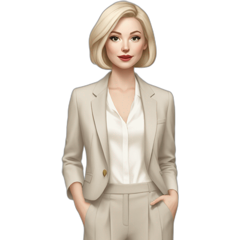 pale skin woman with ash blonde Straightened bob Hair, White Spacious classical jacket, beige palazzo Arrow pants and gray blouse holding a color palettes in the hands emoji