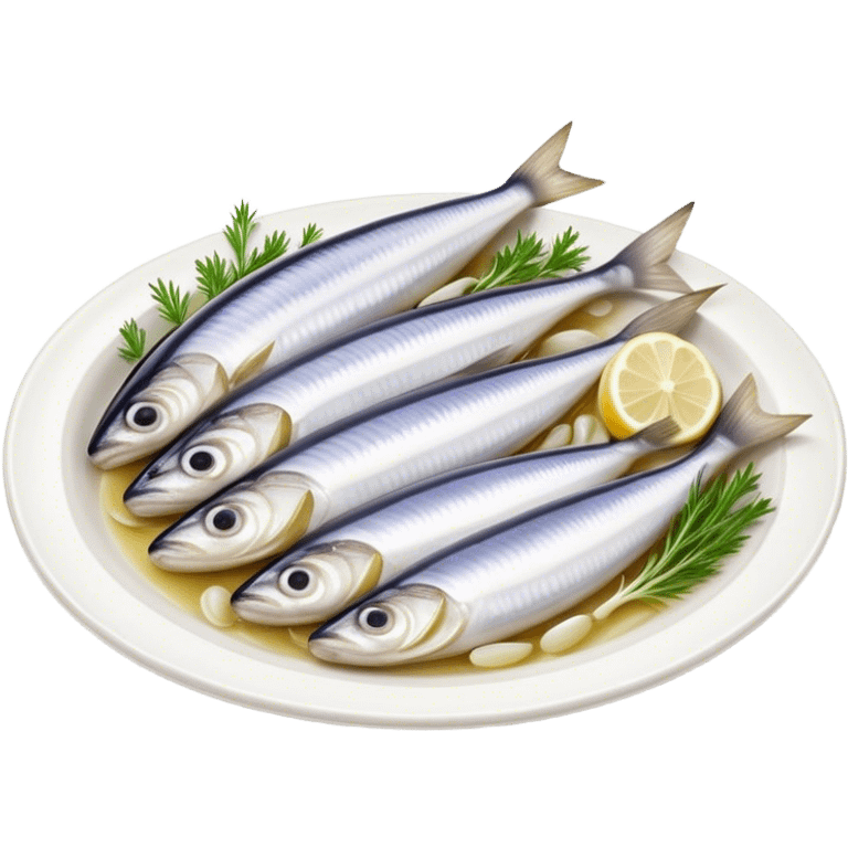 Cinematic Realistic Herring Dish Emoji, showcasing a traditional preparation of fresh herring with onions rendered with lifelike detail and cool, crisp lighting. emoji