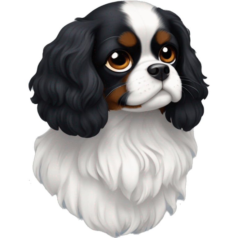 Small completely black Cavalier King Charles spaniel with black fur on his whole face and white fur on chest emoji