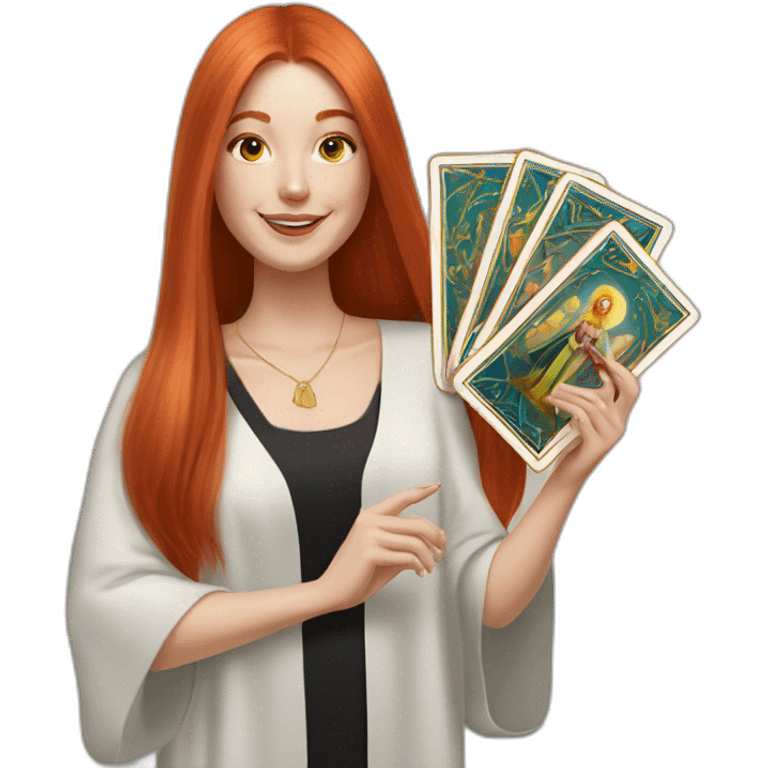 redhead white woman medium long straight hair, celebrating graduation with tarot cards emoji