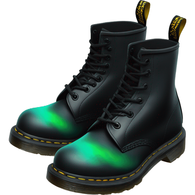 Realistic isolated top view of a pair of black Dr.Martens Boots with Northern Lights Scene painted on them. emoji